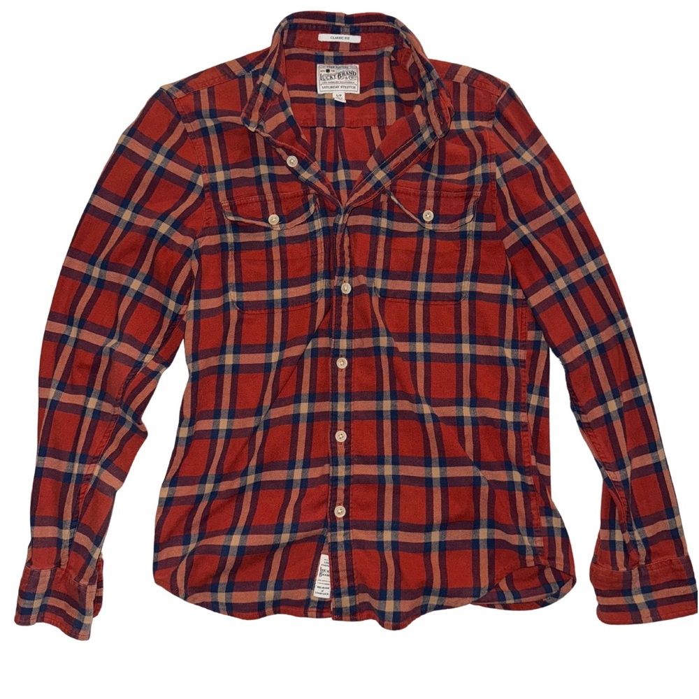 Lucky Brand size small button up flannel, red blue and gold lucky brand flannel